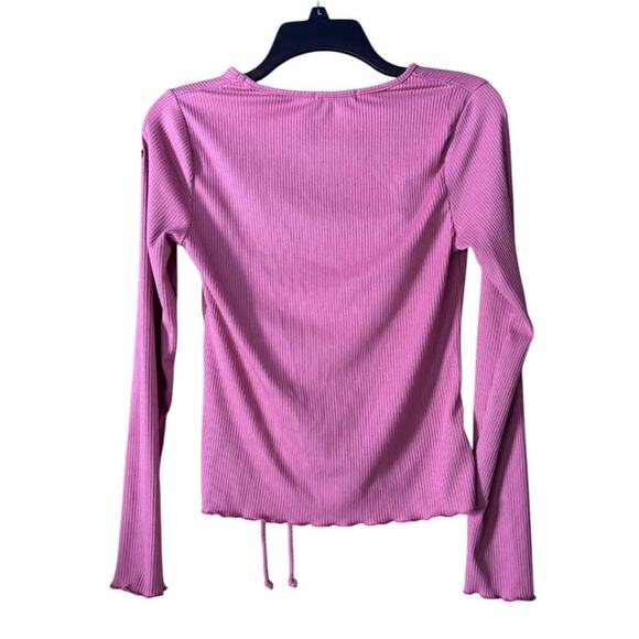 Pink Ribbed Long Sleeve Ruched Drawstring Adjustable Side Lettuce Hem Knit Y2K - Picture 2 of 5